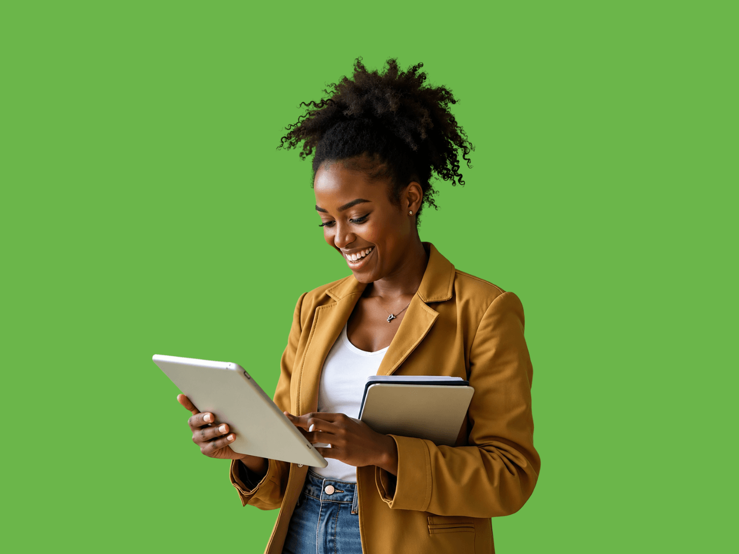 A smiling marketing professional working on a tablet