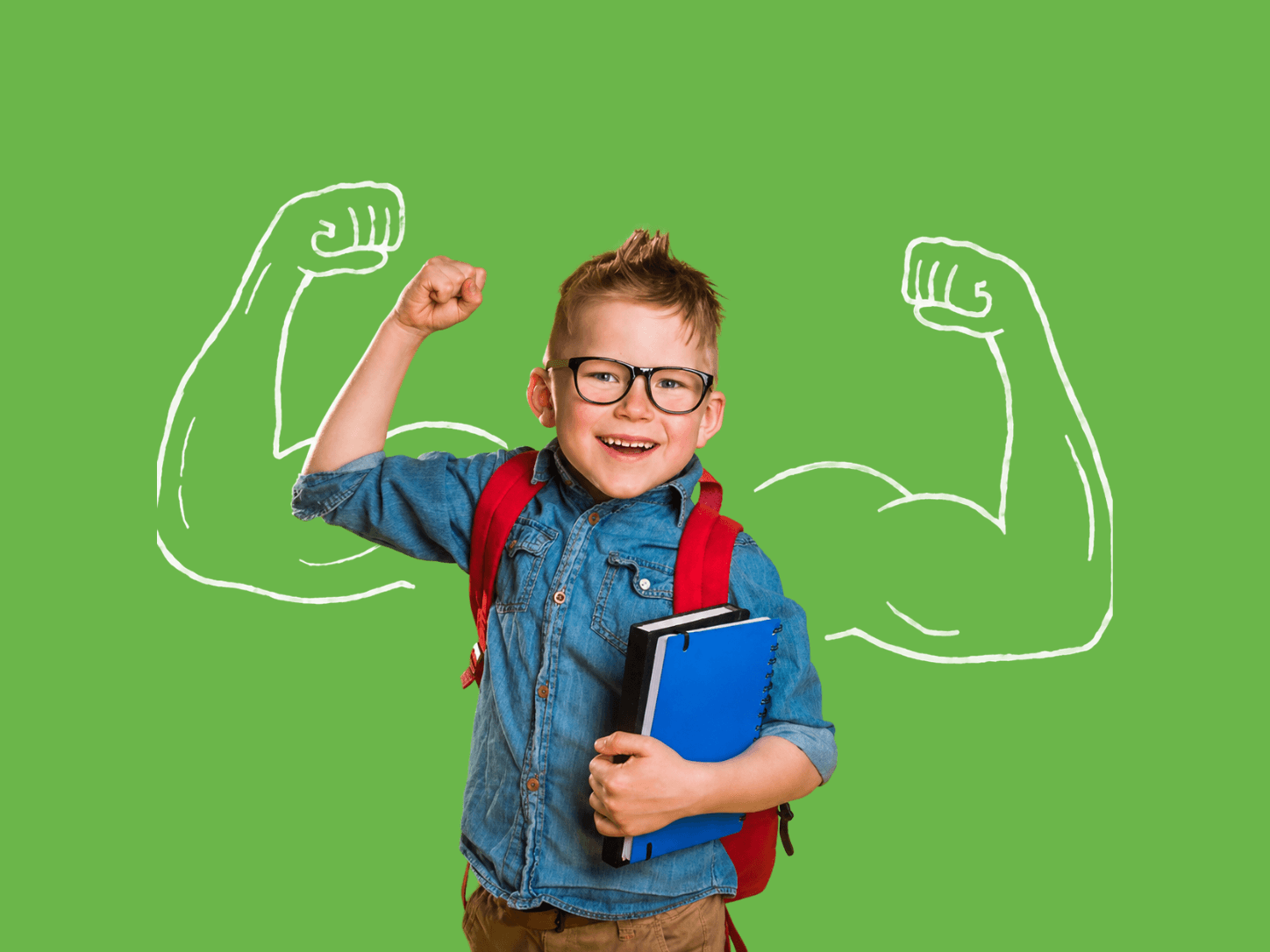 A smiling school-aged child holding books and raising a fist